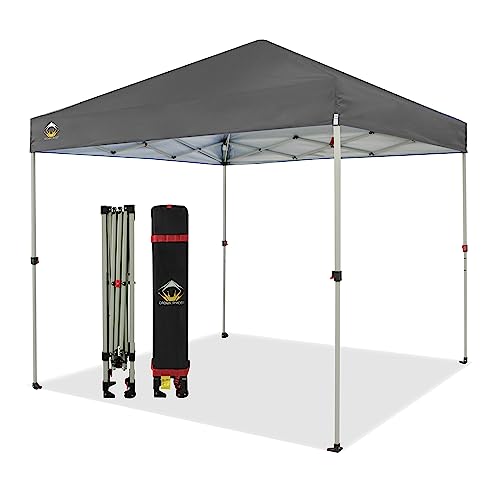 Crown Shades 10x10 Pop Up Canopy - Beach Tent with One Push Setup - Outdoor Sun Shade for Events, Parties, Camping - STO-N-Go Cover Bag, Silver Coated Top, 3 Height& 4 Sand Bags, Sky Blue Stripes