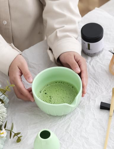 TANG PIN Matcha Set - Match Bowl with Spout and Whisk, 15 OZ, Matcha Scoop | Matcha Whisk Stand (Chasen Holder) - 4pc Perfect Matcha Kit for Matcha Tea Ceremony (Green)