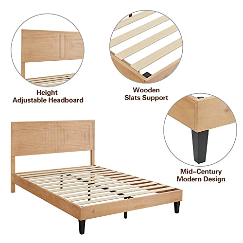 MUSEHOMEINC Solid Wood Full Size Bed Frame with Adjustable Height Headboard, Mid Century Modern Style, Mattress Foundation with Wooden Slat Support,No Box Spring Needed,Easy Assembly (Full)