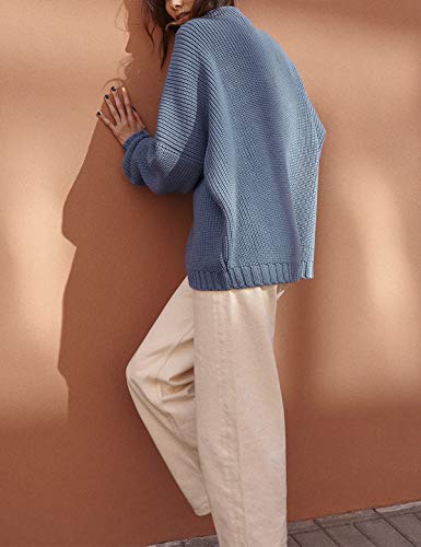Ugerlov Women's Oversized Sweaters Batwing Sleeve Mock Neck Jumper Tops Chunky Knit Pullover Sweater (Blue, S/M)