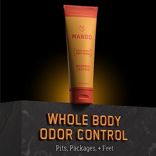 Mando Smooth Solid Stick (2.6 Ounce) + Acidified Body Wash (8.5 Ounce) - Clinically Proven to Block Odor All Day - Whole Body Safe For Pits, Packages + Feet (Bourbon Leather)