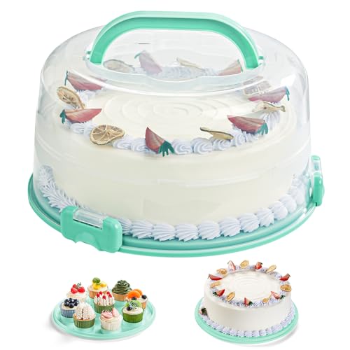 Lifewit Cake Carrier with Lid and Handle, Two Sided Cupcake Carrier Holder for 10” Cake or 9 Standard-Sized Cupcakes, Plastic Round Cake Transport Storage Container Stand for Pies and Cookies, Green