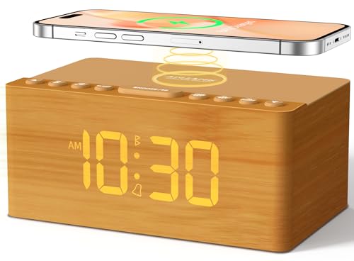 ANJANK Wooden Sound Machine Alarm Clock for Bedroom, Bluetooth Speaker, 20 Soothing Sounds, 0-100% Dimmer, Wireless Charging Station for iPhone/Samsung, Sleep Timer, White Noise Machine for Sleeping