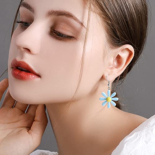 Daisy Earrings Daisy Flower Earrings for Women Acrylic Yellow Flower Daisy Dangle Earring Wild Lily Petals Hawaii Plant Earrings (Heart- Blue)