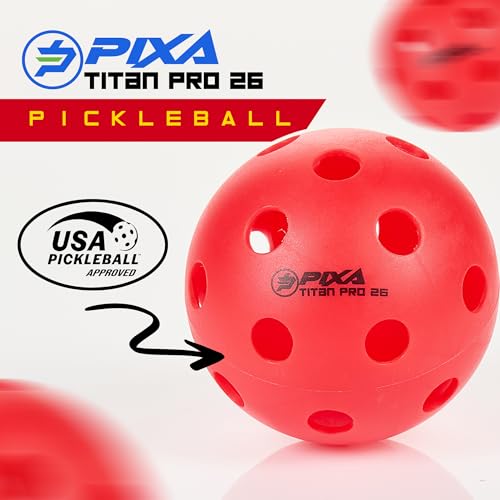 PIXA Titan Pro 26 Injection Molded Indoor Pickleball - USAPA Approved, Tournament Play, Durable Indoor Pickleballs, Consistent Bounce, Smooth Flight, Ideal for Competitive Play- Bright Red, Pack of 6