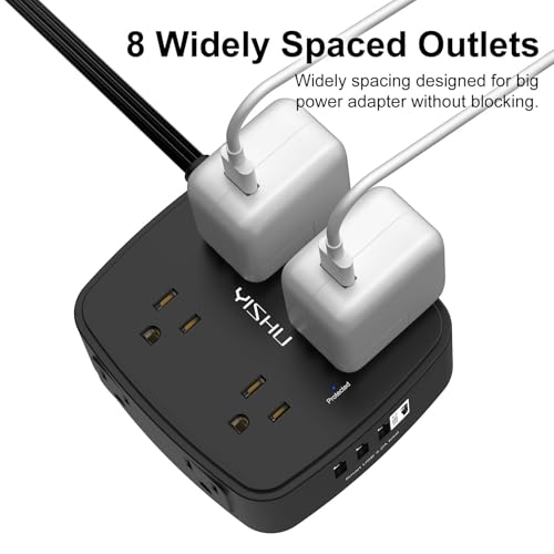6 Ft Surge Protector Power Strip - YISHU 8 Widely Outlets with 4 USB Ports, 3 Side Outlet Extender with 6 Feet Flat Extension Cord, Ultra Flat Plug, Wall Mount, Desk USB Charging Station, ETL, Black