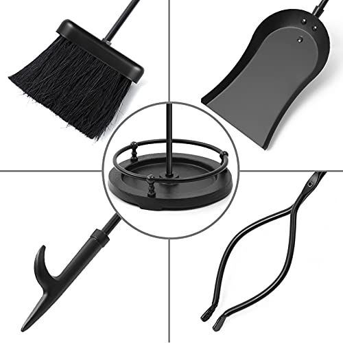 AMAGABELI GARDEN & HOME 5 Pieces Fireplace Tools Sets Wrought Iron Indoor Fireplace Set with Poker Tongs Broom Shovel Stand Fire Tools Outdoor Fire Place Fire Pit Hearth Accessories Sets Black