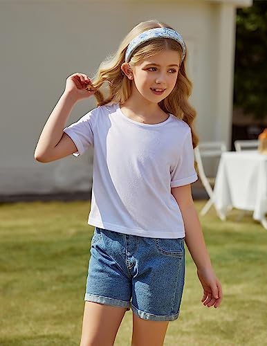 Arshiner Girls Casual Round Neck Short Sleeve Soild Basic Crop Top Summer T-Shirt Tee Pink 7-8 Years