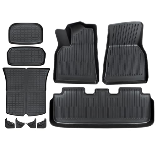 Floor and Trunk Mats for Tesla Model Y 5-Seat 2020-2024 Custom Fit All Weather TPE Automotive Cargo Liner Floor Mats and Cargo Trunk Mats Accessories (Set of 7 - Not Fit 7-Seat)