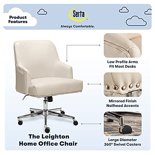 Serta Leighton Home Office Chair with Memory Foam, Height-Adjustable Desk Accent Chair with Chrome-Finished Stainless-Steel Base, Bonded Leather, Cream White