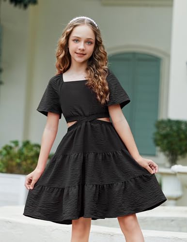 Arshiner Girls Dresses Square Neck Cut Out Shirred Ruffle Hem Funeral Semi Formal Black Dress Size 5-6