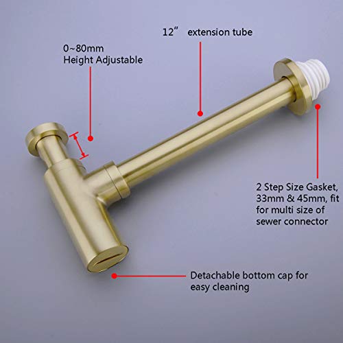 TRUSTMI Bottle Trap, Brass Decorative 1 1/4 Bathroom Sink P Trap, Large Body Round Lavatory Waste Drain Kit, Brushed Gold
