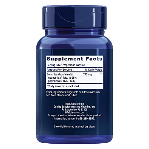 Life Extension Decaffeinated Mega Green Tea Extract – Polyphenol-Rich, Cell Health, Heart Health, Brain Health, Antioxidant Protection – Non-GMO, Gluten-Free, Vegetarian – 100 Capsules