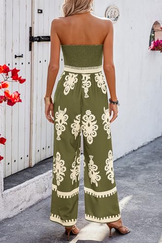 PRETTYGARDEN Women's Summer Boho Jumpsuits One Piece Beach Vacation Outfits Spaghetti Strap Wide Leg Pants Rompers (Army Green,Small)