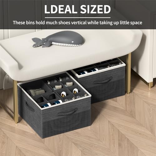 Aokeyee Shoe Organizer for Closet,Foldable Shoe Storage Organizer Box Bin w/Adjustable Dividers and Clear Cover, Fits up to 16 Pairs (Beige)