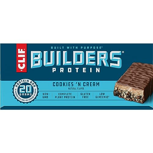 CLIF Builders - Cookies 'n Cream Flavor - Plant Based Protein Bars - Gluten Free - Non-GMO - Low Glycemic - 20g Protein - 2.4 oz. (12 Count)