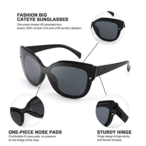 FEISEDY Cat Eye Sunglasses Polarized for Women Men，Rimless Mirrored Sunglasses, Oversized, Trendy Retro Sun Glasses B2796 Bright Black/Black Gray