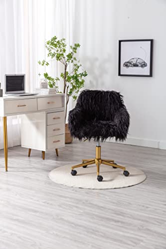 HomVent Fluffy Desk Chair Pink Faux Fur Vanity Chair Adjustable Swivel Computer Chair on Wheels Height Adjustable Cute Desk Chair for Makeup Room Teen Girls Bedroom Home Office (Black 2 A)