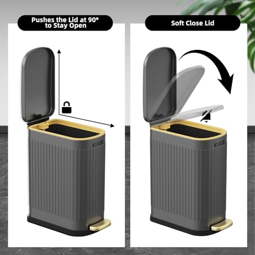 KSSKSS 2.6 Gallon Slim Bathroom Trash Can with Soft Close Lid, 10L Stainless Steel Garbage Can with Removable Liner Bucket, for Narrow Spaces, Bathroom, Bedroom (Matt Black)