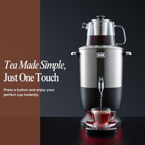 SAKI Chaiovar Electric Samovar - 4L Stainless Steel Electric Tea Maker, Temperature Display, Large Ceramic Teapot, Boil Dry & Auto Shut Off, Best for Persian, Russian, and Turkish Tea (Silver)