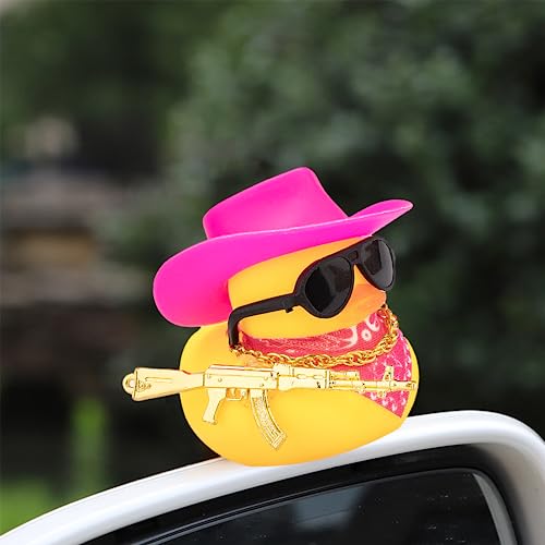 wonuu Car Rubber Duck Decoration, West Cowboy Duck Car Dashboard Decoration Accessories with Mini Swim Ring Cowboy Hat Scarf and Sunglasses, B_black hat vertical scarf red ring