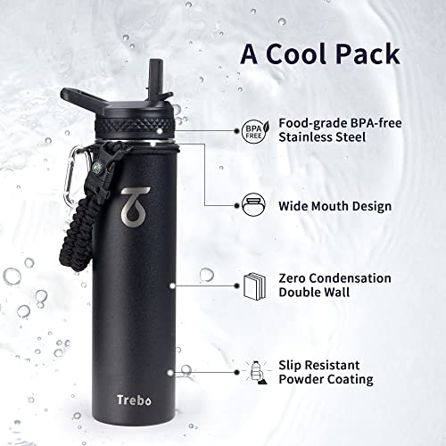 Trebo 24 oz Water Bottle Insulated with Lid and Straw,Double Wall Vacuum Stainless Steel Metal Tumbler Sports Flask with Paracord Handle, Keep Hot 24 Hours & Cold 48 Hours Water Cup with 3 Lids, Black