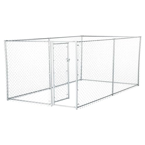 Lucky Dog Heavy Duty Outdoor Galvanized Chain Link Dog Kennel Enclosure with Latching Door, 1.5 Inch Raised Legs, and Adjustable Configuration, Silver