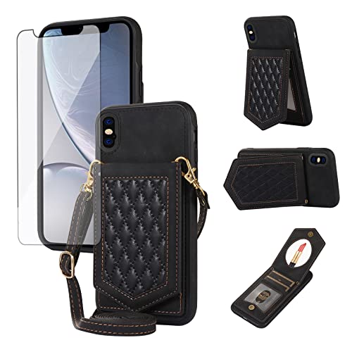 Phone Case for iPhone Xs Max Wallet Cover with Tempered Glass Screen Protector Mirror Card Holder Slot Shoulder Crossbody Strap Cell i X XR Xsmax 10x SX Xmax 10xs 10s 10 Plus Xmaxs Women Girls Black