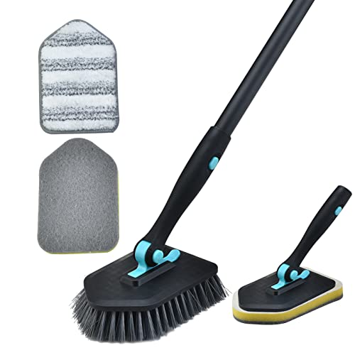 Shower Cleaning Brush with Long Handle, 3 in 1 Tub and Tile Scrubber Brush with 50.4'' Extendable Long Handle Detachable Stiff Bristles Scrub Brush for Cleaning Bathtub Shower Bathroom (Black)
