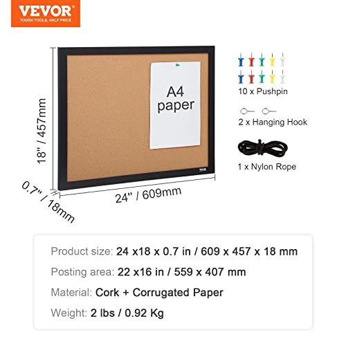 VEVOR Cork Board for Walls, Double-Sided Cork 24" x 18" Bulletin Board Vision Board, Push Pin Board with Framed for Office Home and School