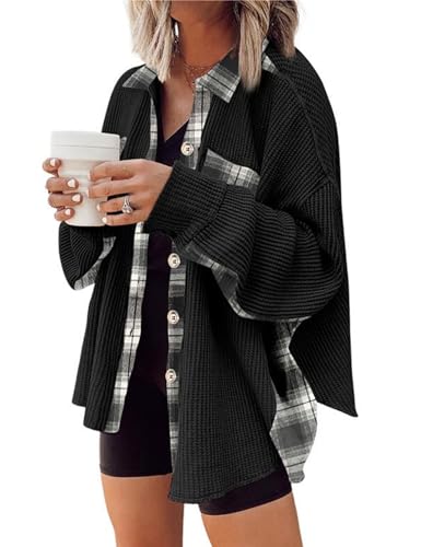 Zontroldy Women's Long Sleeve Button Down Waffle Shirt Shacket Fall Plaid Jackets with Pockets(1108-Gray-S)