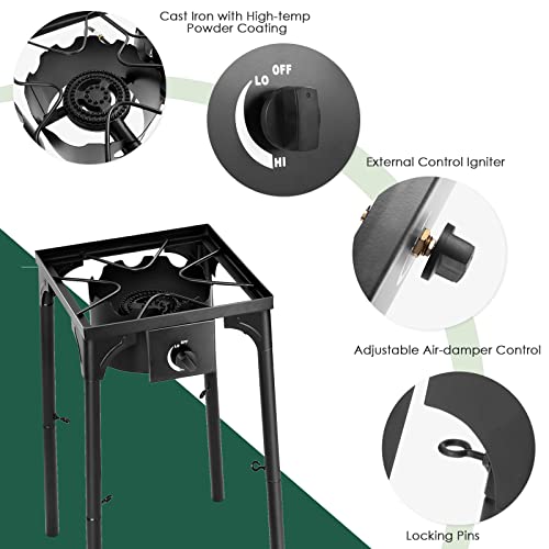Goplus Outdoor Camping Stove, Single Burner Propane Gas Cooker w/Detachable Legs & 0-20 PSI Regulator & CSA Approval for Camp Patio RV, Cast Iron, 100,000-BTU