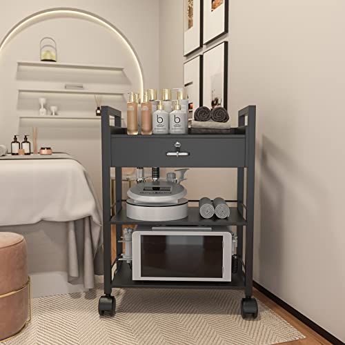 Paddie Salon Trolley Cart, Salon Tray Wooden Mobile Utility Cabinet with 1 Drawer 2 Trays, Rolling Storage Station Medical Esthetic Supply Holder for Beauty Spa (1 Drawer, Black)