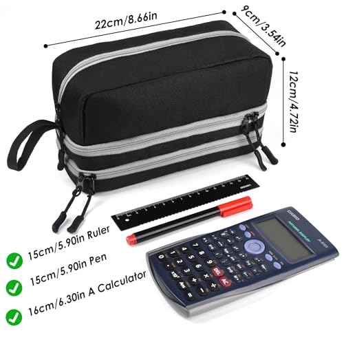 Genteen Large Capacity Pencil Case,Multifunction Pencil Pouch,Pencil Bags with Zipper 3 Compartments Pencil case organizer for Office Adult（Black）