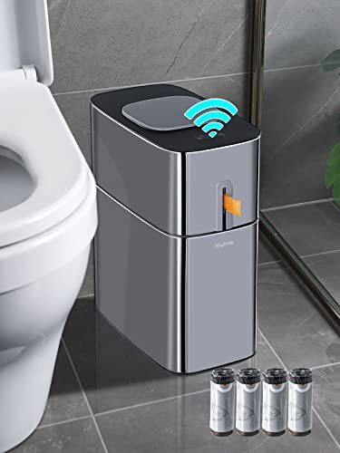 MOPUP Touchless Bathroom Trash Can, 4 Gallon Narrow Metal Automatic Privacy Garbage Can with Motion Sensor and Waterproof Design for Bedroom, Office, Toilet.Stainless Steel Dog-Proof Trash Bin.