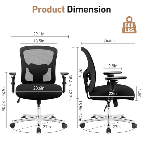 DUMOS Ergonomic Home Office Desk Chair 500lbs Mid Back with Lumbar Support & 4D Armrest, Height Adjustable Mesh Computer Gaming with Backrest & Swivel Wheels, Comfy for Heavy Duty, Black