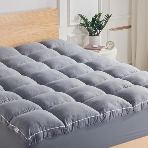 SLEEP ZONE Cooling Mattress Topper Twin Size Quilted Fitted Mattress Pad Cover, Soft Fluffy Down Alternative Pillow Top Bed Topper Deep Pocket 8-21 Inch (Grey, Twin)