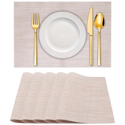 GDFYMI Placemats Set of 6, Washable Non-Slip Placement Mats for Dining Table Heat Resistant PVC Placemat 18"x12", Beige