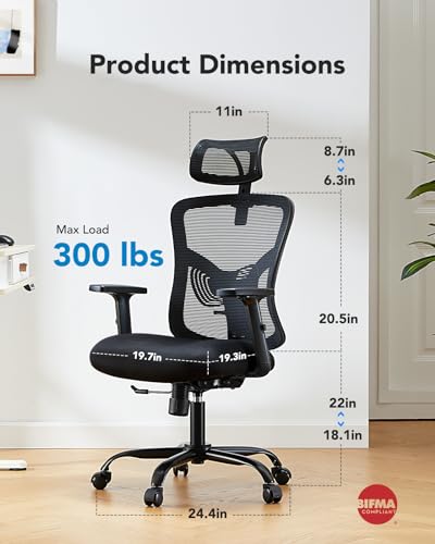 HUANUO Ergonomic Office Chair, High Back Desk Chair with S-Shaped Backrest, Adjustable Lumbar Support, Headrest, Armrest, Mesh Computer Chair with Thicker Seat Cushion and Tilt Function, Black