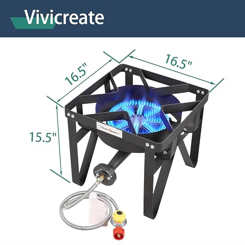 Vivicreate Propane Gas Stove, 185000 BTU High Pressure Outdoor Camping Stove with Regulator, Cast Iron Burner, CSA listed regulator and gas hose,Black (Higher)