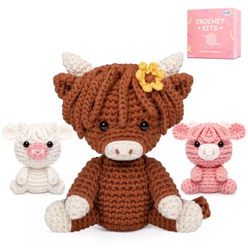 Mewaii Crochet Kit for Beginners, Crochet Starter Kit with Step-by-Step Video Tutorials, Crochet Complete Kit with 40%+ Pre-Started Yarn Content, Crochet Gifts for Adults Kids (3 Packs Highland Cow)