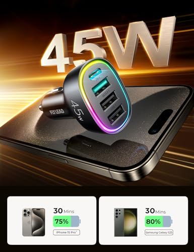 USB C Car Charger, 45W 4 Ports Super Fast Car Charger Adapter, PD3.0 & QC3.0 30W Type C Car Charger Compatible with iPhone 15/14/13/12/11, Samsung Galaxy S24 Ultra/S23, Cigarette Lighter USB Charger