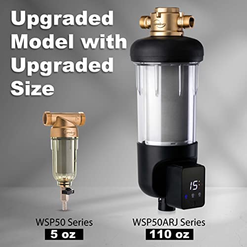 iSpring WSP50ARJ Spin-Down Sediment Water Filter, Upgraded Jumbo Size, Large Capacity, Reusable with Touch-Screen Auto Flushing Module, Brass Top Clear Housing, 50 Microns