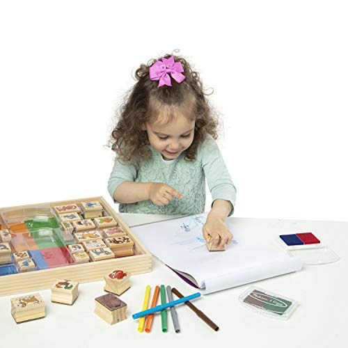 Melissa & Doug Deluxe Wooden Stamp Set: Animals - 30 Stamps, 6 Markers, 2 Stamp Pads Kids Art Projects, Wooden Stamps With Washable Ink, For Kids Ages 4+