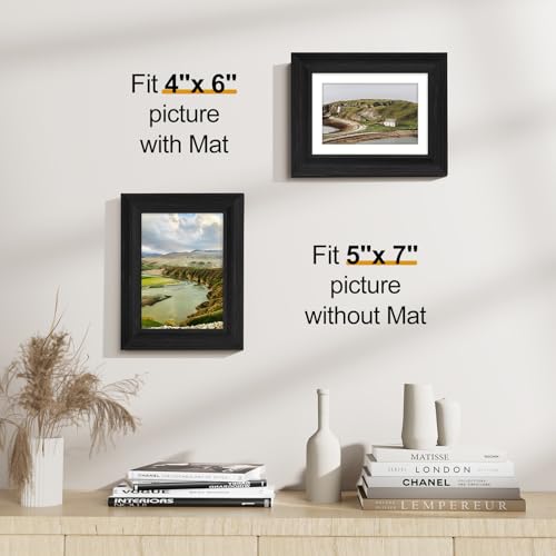 Vittanly 4x6 Picture Frames Set of 2, Display 3.5x5 Pictures with Mat or 4x6 without Mat, Rustic Picture Frames for Wall Mount or Tabletop Display, Photo Frame Collage for Wall Decor, Black