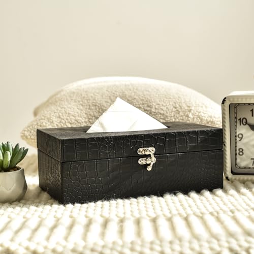 JUMBO DECOR Crocodile Leather Tissue Box Cover with Clasp – Modern Elegant Black Tissue Box Holder for Bathroom, Bedroom, and Living Room – Kleenex Box Covers in Rectangle Shape