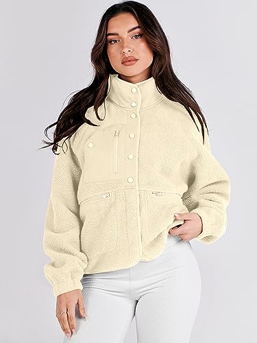 ANRABESS Womens Fuzzy Fleece Jacket Fall Casual Long Sleeve Cropped Sherpa Button Down Shacket Coats Outwear With Pockets Khaki Small