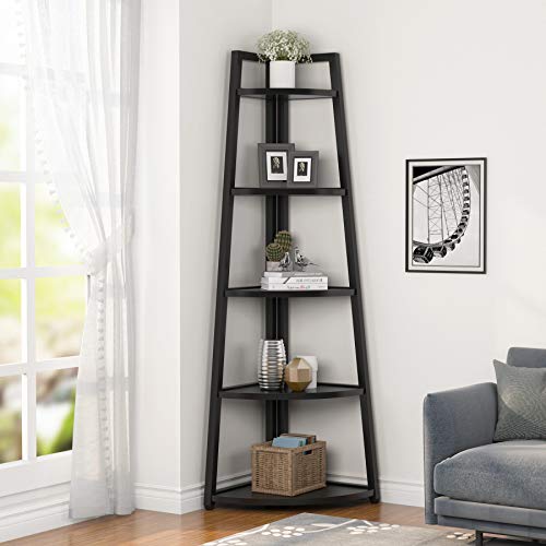 Tribesigns 70 inch Tall Corner Shelf, 5 Tier Modern Corner Bookshelf Bookcase Industrial Corner Ladder Shelf Plant Stand for Living Room, Kitchen, Home Office (Black)