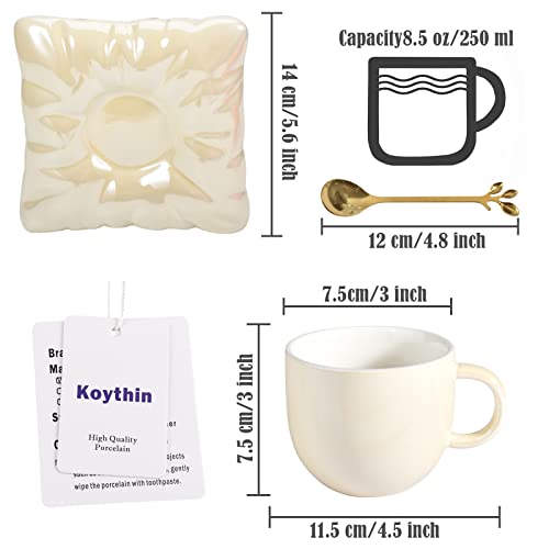 Koythin Ceramic Coffee Mug with Saucer, Creative Cute Cup with Pillow Coaster for Office and Home, 8.5 oz/250 ml for Tea Latte Milk (Pearl Blue)