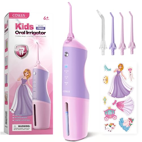 COSLUS Kids Water Dental Flosser Deep Cleaning Picks, Portable, 4 Modes for Ages 6+ Safe Waterproof Flosser Rechargeable with 4 Jet Tips for Gums Care F5023 Pink Purple